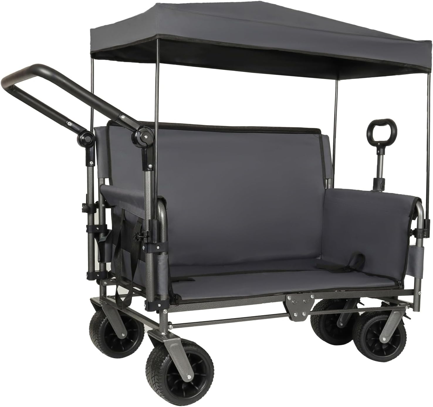 3-in-1 Folding Wagon Cart with Bench Seat & Canopy & Storage, 500lbs Heavy-Duty, 180L Capacity, All-Terrain Wagon for Camping, Beach, Sports, & Garden, Gray