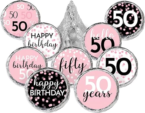 Miniatura 1 de Calcomanías de caramelo de besos de chocolate rosa, negro y blanco para fiesta de 50 cumpleaños, 180 unidades