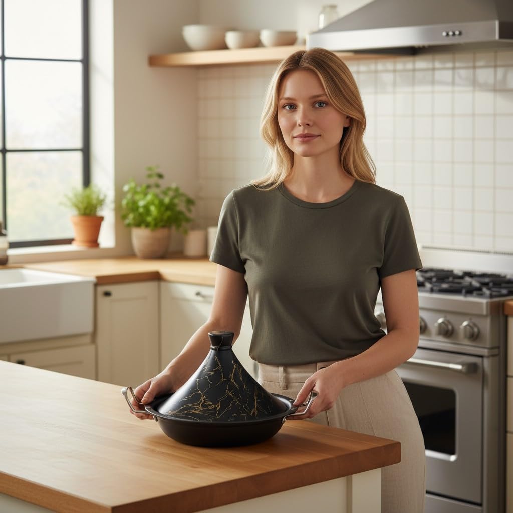 Tajine Royal Swiss 38 cm – Acier inoxydable, revêtement antiadhésif, couvercle porcelaine – Toutes sources de chaleur, induction, gaz, électrique – Cuisine saine (Noir, 38 cm)