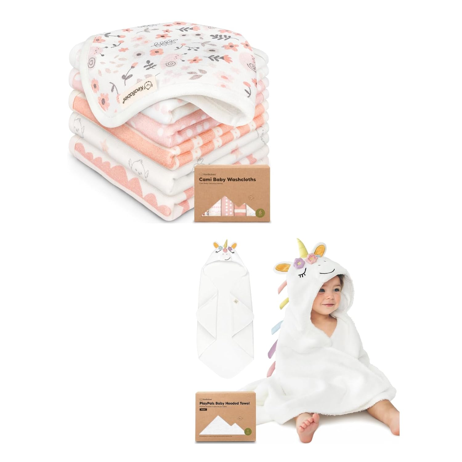 KeaBabies 6-Pack Cotton Baby Washcloths for Newborn, Kids and Baby Towel with Hood for Girls, Boys - Cotton Muslin Soft Wash Cloths for Infant, Super Absorbent Newborn Bath Essentials