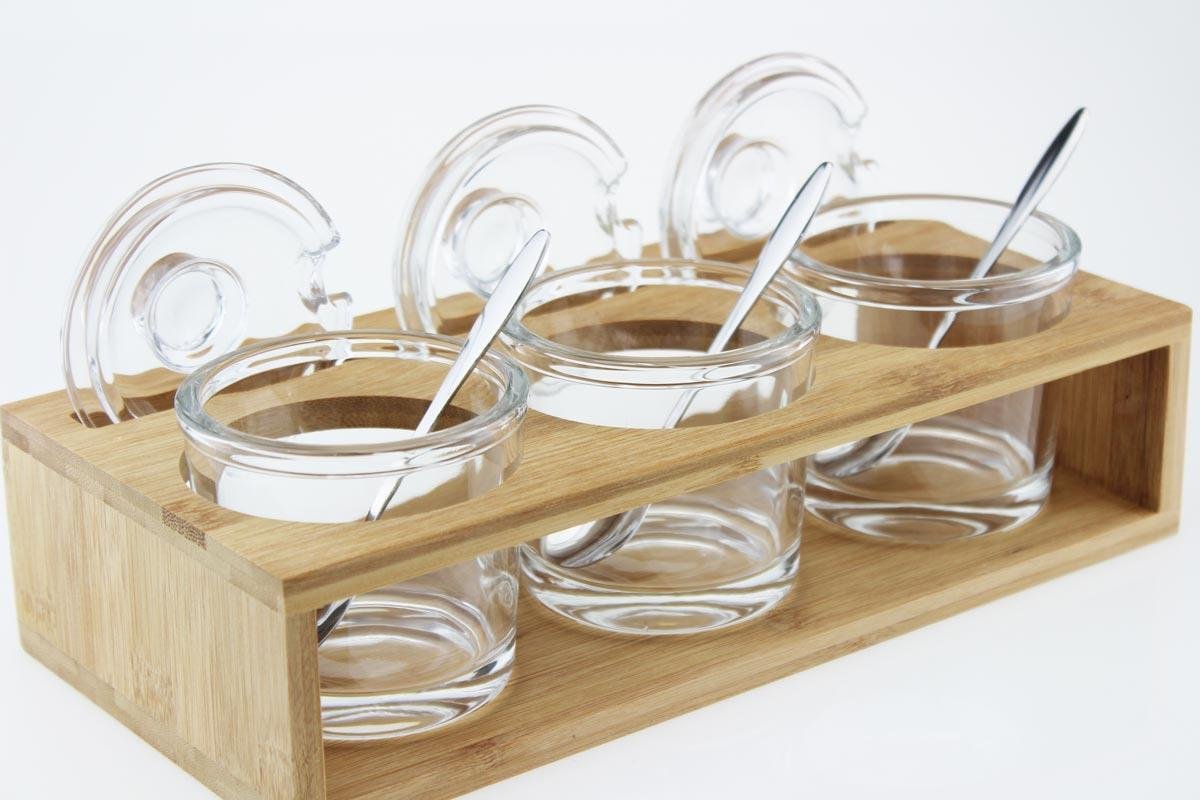 Sendez Set di 3 barattoli per spezie con struttura in legno e cucchiaio, per parmigiano, per marmellate, miele, zuccheriera, 27 x 13 x 12 cm, 10 pezzi
