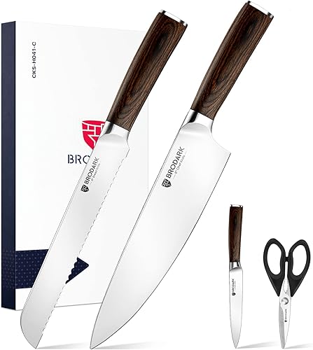 BRODARK Juego de cuchillos de chef profesional de 4 piezas cuchillo de cocina alemán ultra afilado de acero inoxidable con tijeras de cocina mango