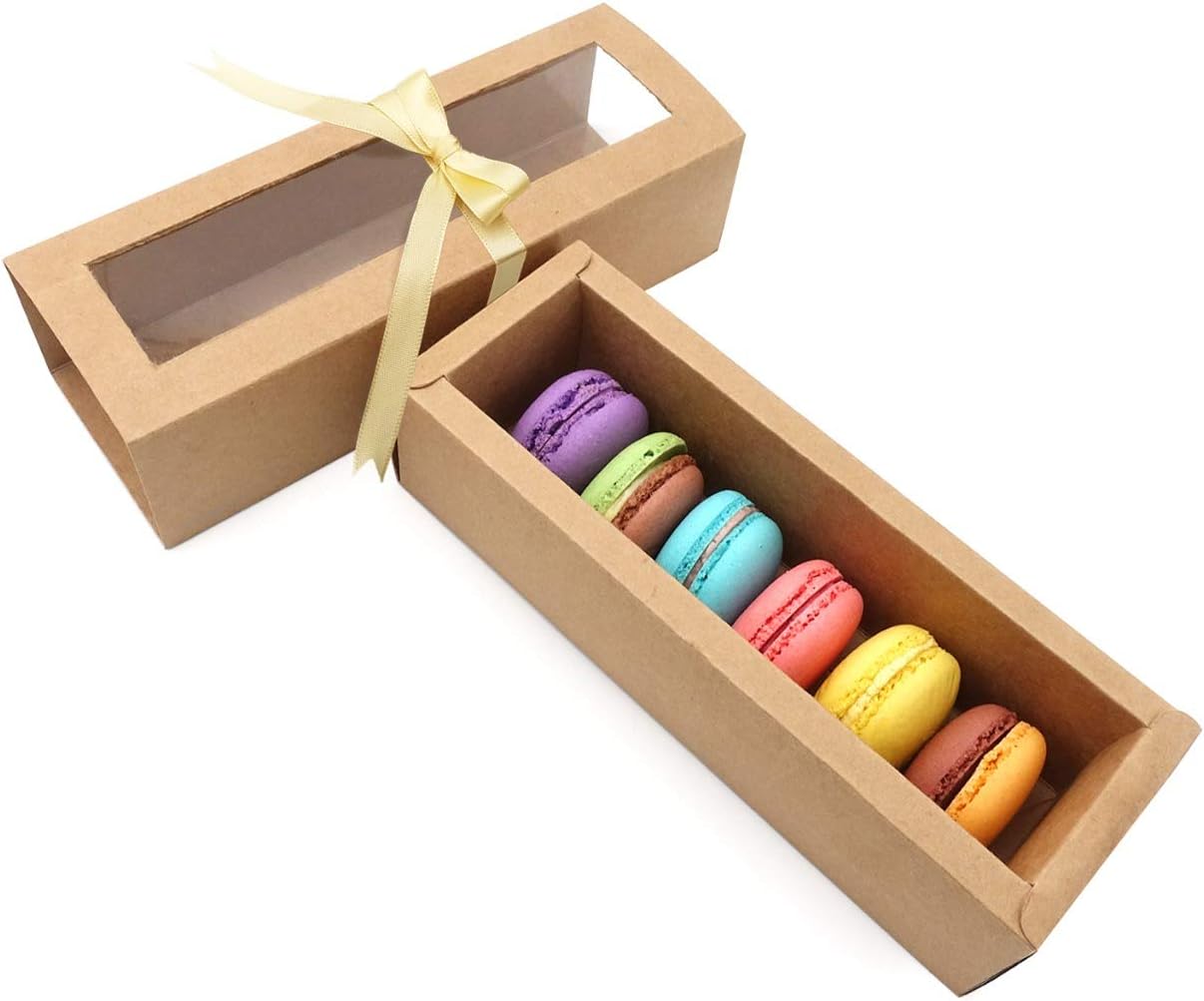 Macaron Dessert Kraft Box Pack of 26 – Premium 350gsm Thick & Sturdy Macaron Kraft Box with Clear Window that fits 6 Macarons Perfectly (8 x 2.8 x 2 inches) Decorative Satin Ribbon included