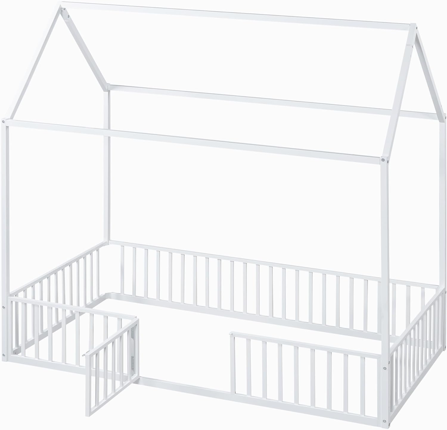Bellemave Twin Size House Bed, Montessori Floor Bed for Kids, Metal House Beds with Door and Fencefor Kids, Twin, White