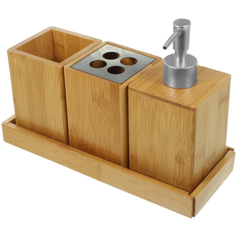 Juego de Accesorios de baño de bambú de 4 Piezas con Bandeja, dispensador y portavasos de Varios tamaños