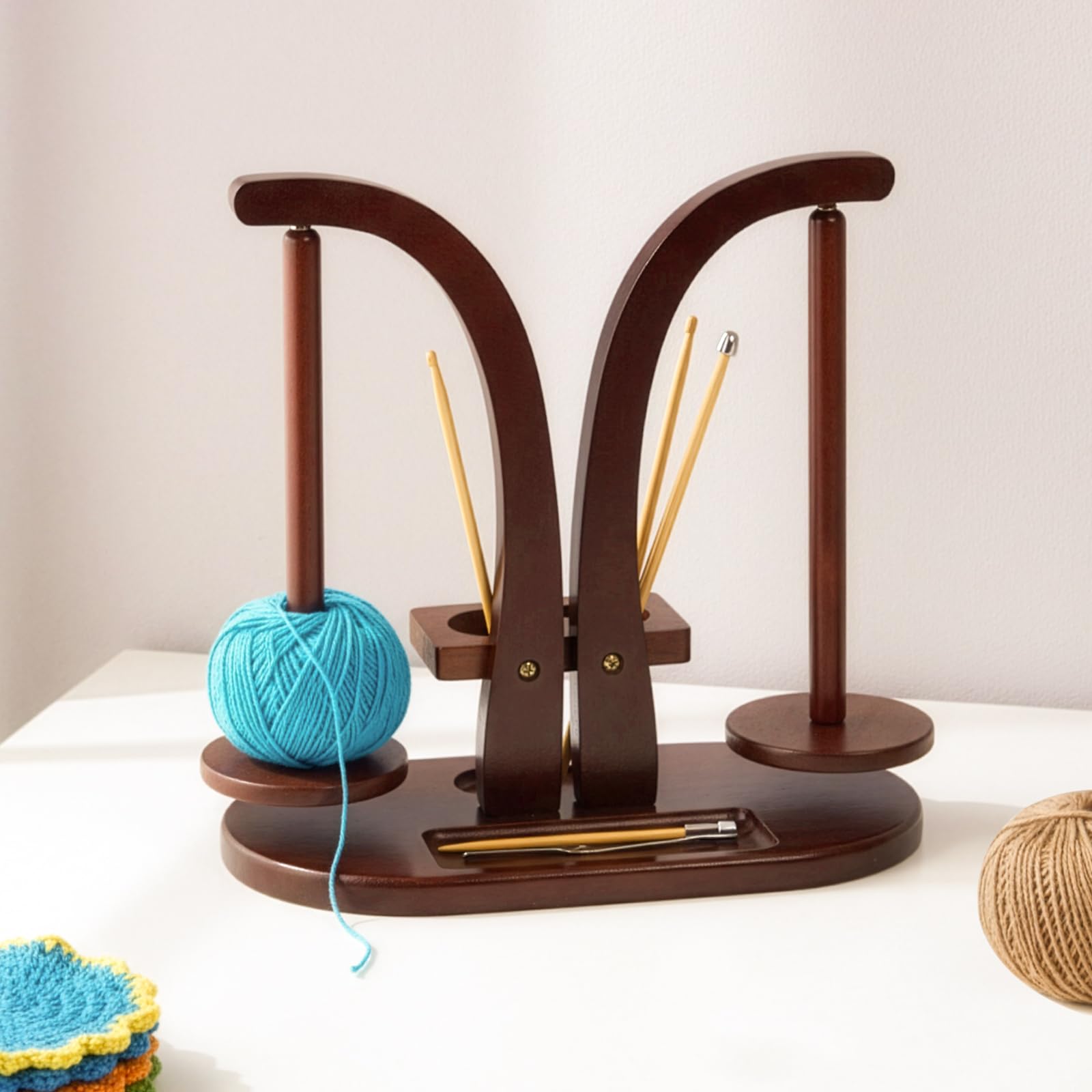 Sunnynest Brown Dual Axis Wool Unwinder, Rotating Magnetic Wooden Wool Ball Holder, Yarn Roll Holder, Wool Unwinder Wool Holder For Crochet And Knitting Accessories, (Brown Dual Axis)