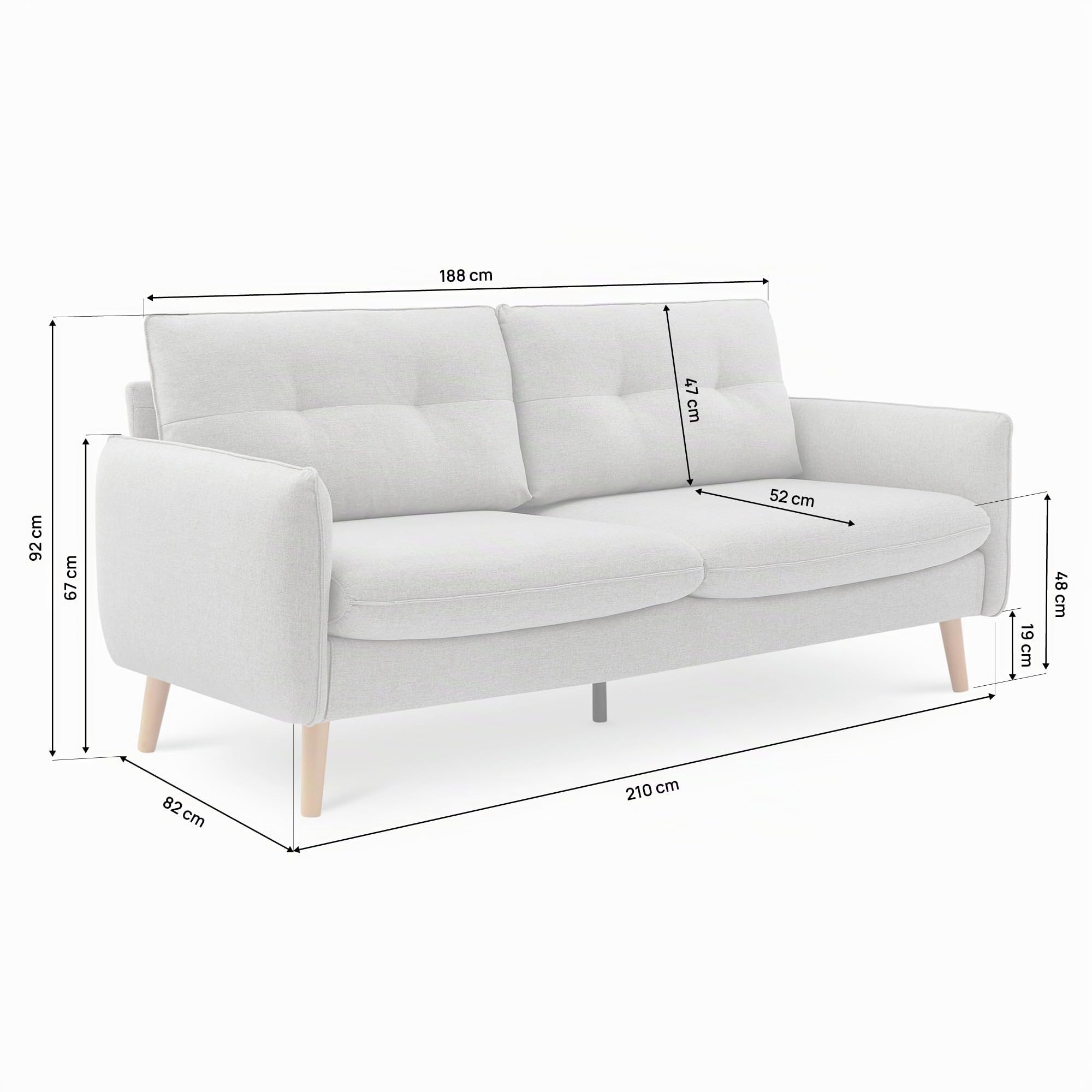 Canapé 3 Places Scandinave CHLOÉ en Tissu Gris Clair – Canapé Droit Élégant et Moderne – Sofa Spacieux et Confortable Style Nordique Chic pour Salon ou Bureau – Canapé Rectiligne 210x82x92 cm