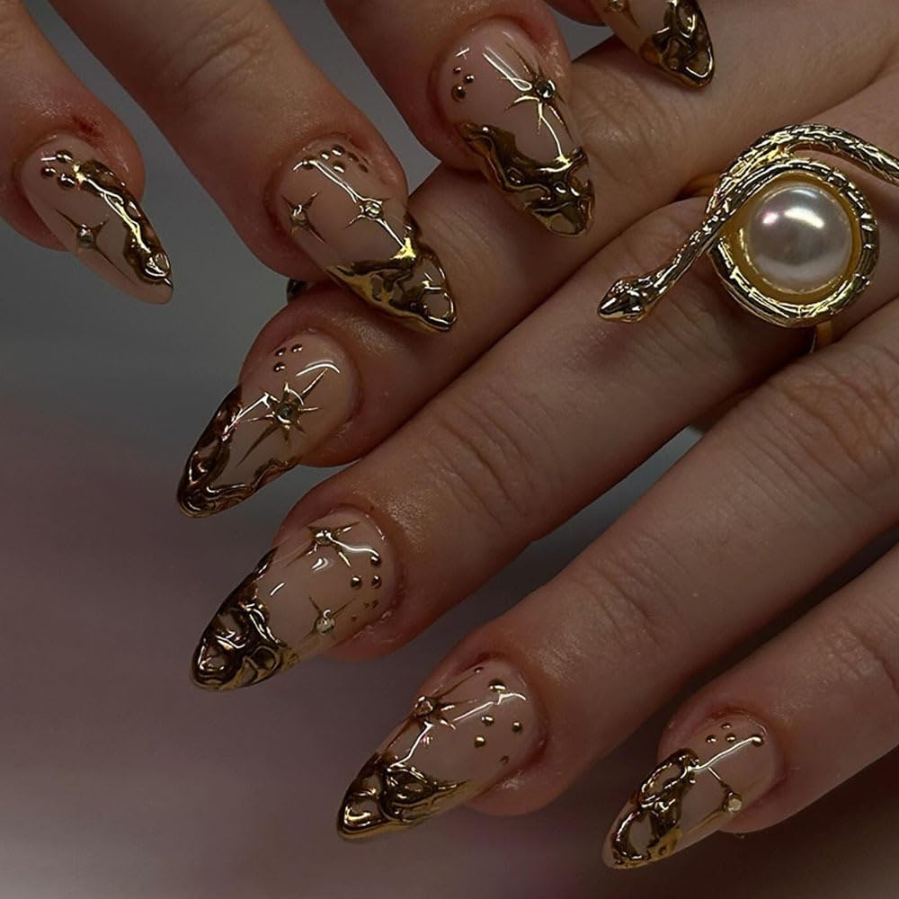 Nude Gold Press On Nails for Women | Almond Shape Designer Stick On Artificial Nails with Adhesive Tabs | Reusable Fake Nails Set (24 Pcs)