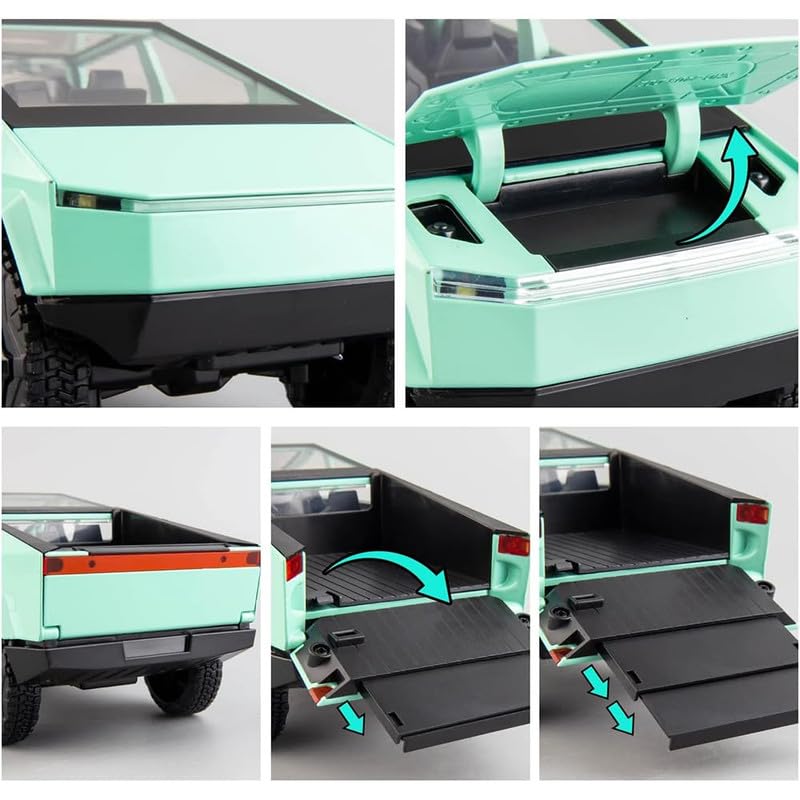 Image of Kids Model 1:24 Cyber Truck Die Cast Metal Car Pull Back Action Opening Doors with Realistic Engine Sound Lights Toy Car Gift for Boys - Green