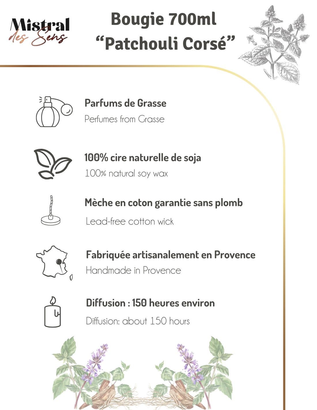 Duftkerze, handgefertigt, "Patchouli", 150 Stunden, 700 ml Mistral des Sens