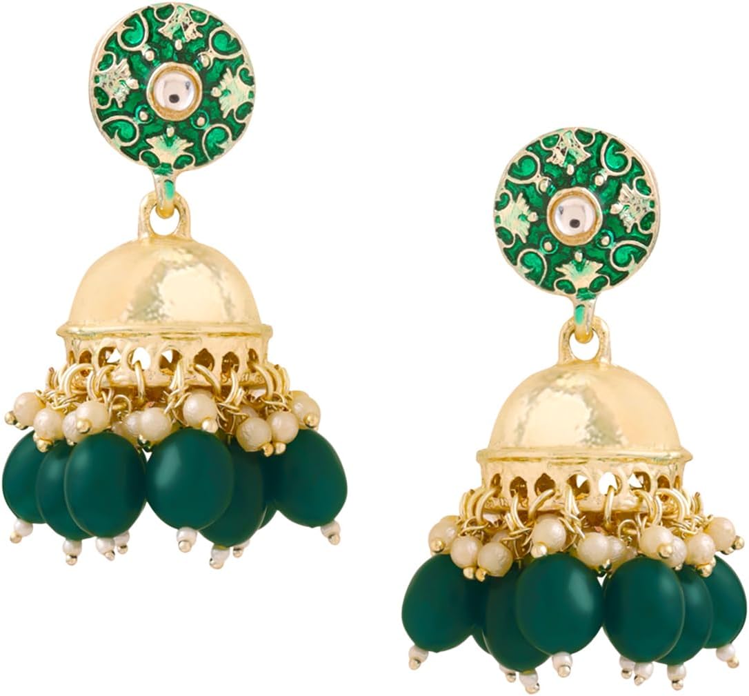 Yellow Chimes Traditional Wedding Wear Pastel Peach Gold Tone Multi Layered Meenakari Jhumka Jhumki Earrings Ethnic Indian Fashion Jewelry Variation