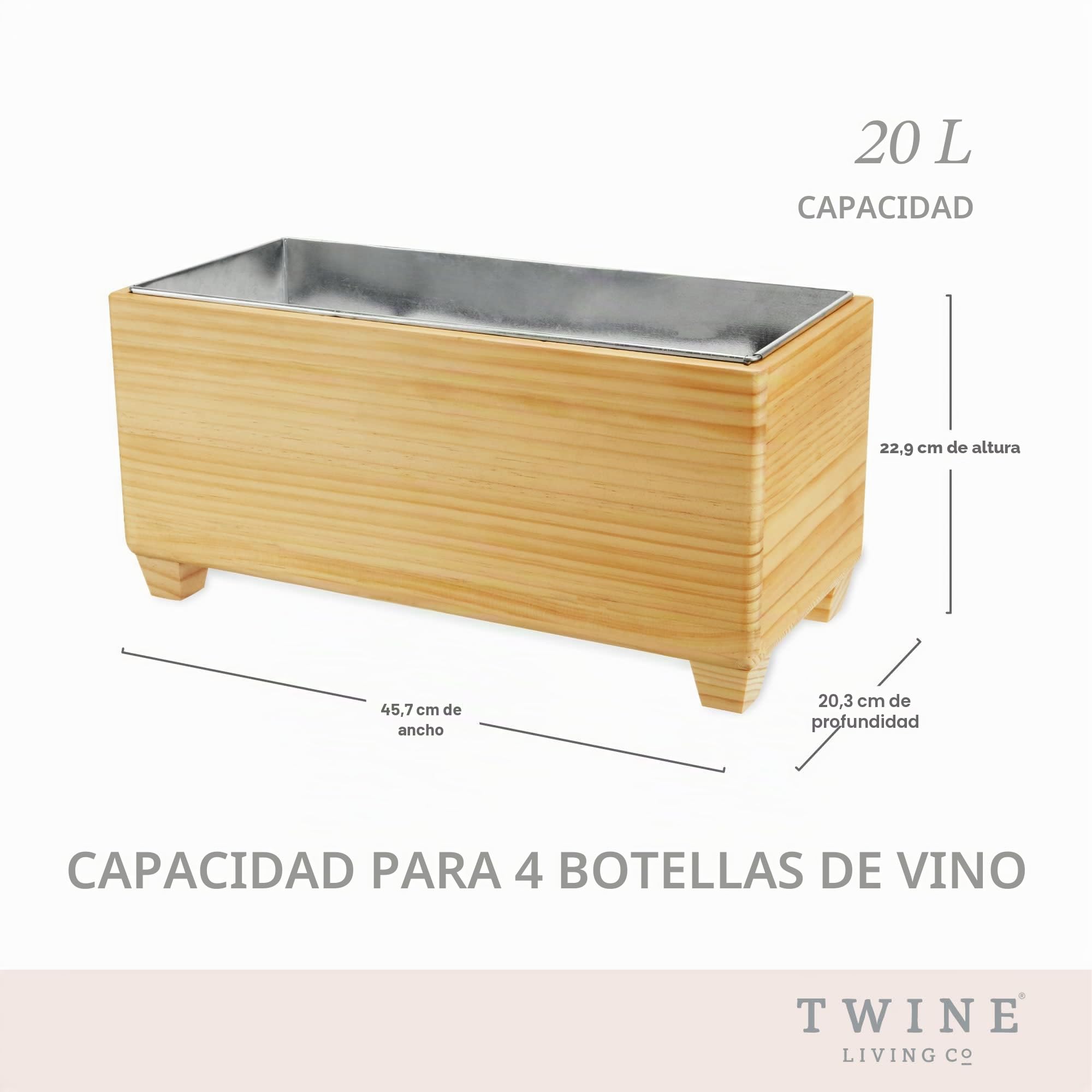 Twine - Cubitera de madera y metal galvanizado, cubo de madera y enfriador de vino y cerveza, capacidad para 4 botellas de vino o 20 l, marrón