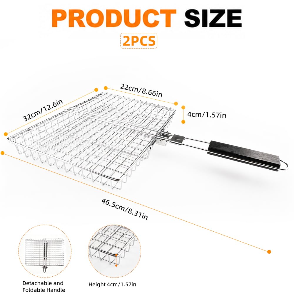 2 cestelli per barbecue, grandi e pieghevoli, in acciaio inox, con manico | Cestino per barbecue per verdure, portatile, con manico rimovibile, di alta qualità, per carne, pesce, verdure, ecc