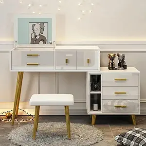 NG Decor Modern White Makeup Vanity Extendable Dressing Table with Drawers & Flip Top Mirror(Stool not incuded)
