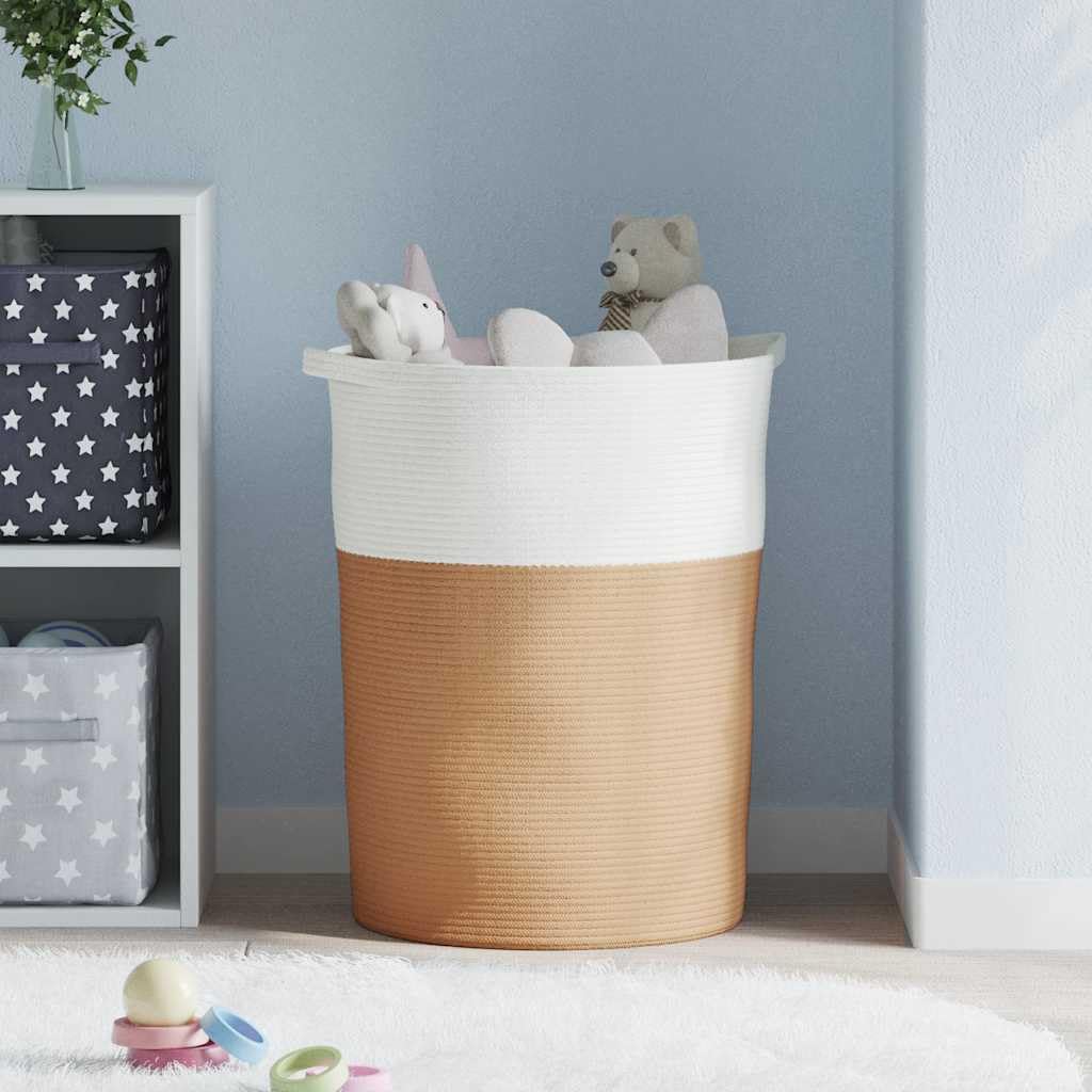 Baumwoll-Aufbewahrungskorb Braun Weiß Ø49x65 cm faltbar mit Griffen für Kleidung Decken platzsparend langlebig atmungsaktiv