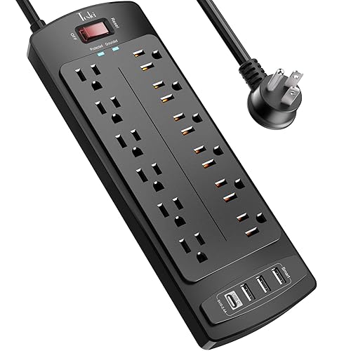 Power Strip, Tcstei Surge Protector with 12 Outlets and 4 USB Ports, 6 Feet Extension Cord (1875W/15A) for for Home, Office, Dorm Essentials, 2700 Joules, ETL Listed, (Black) - 6 Ft - Black