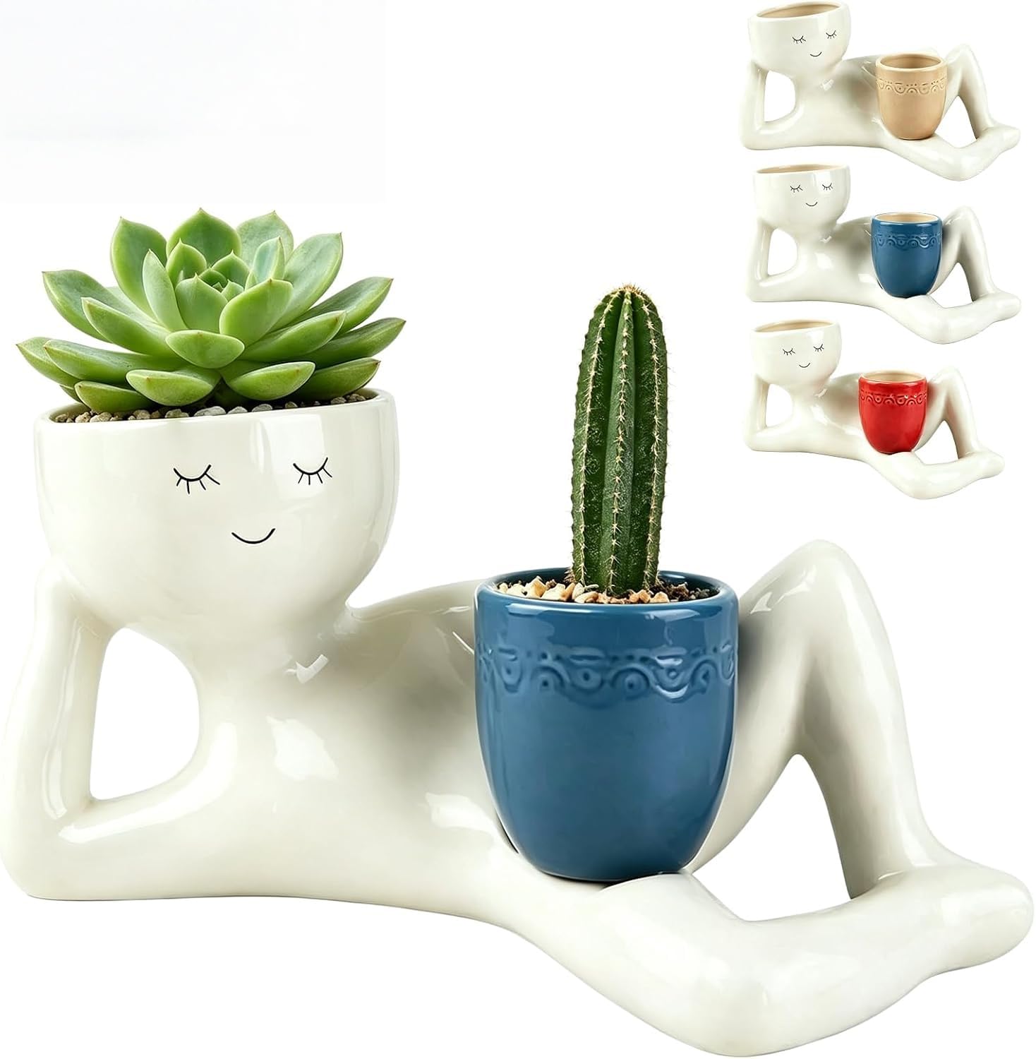 zoocco Lazy Guy Planter Funny Resin Pot with Drainage for Succulents (#B)