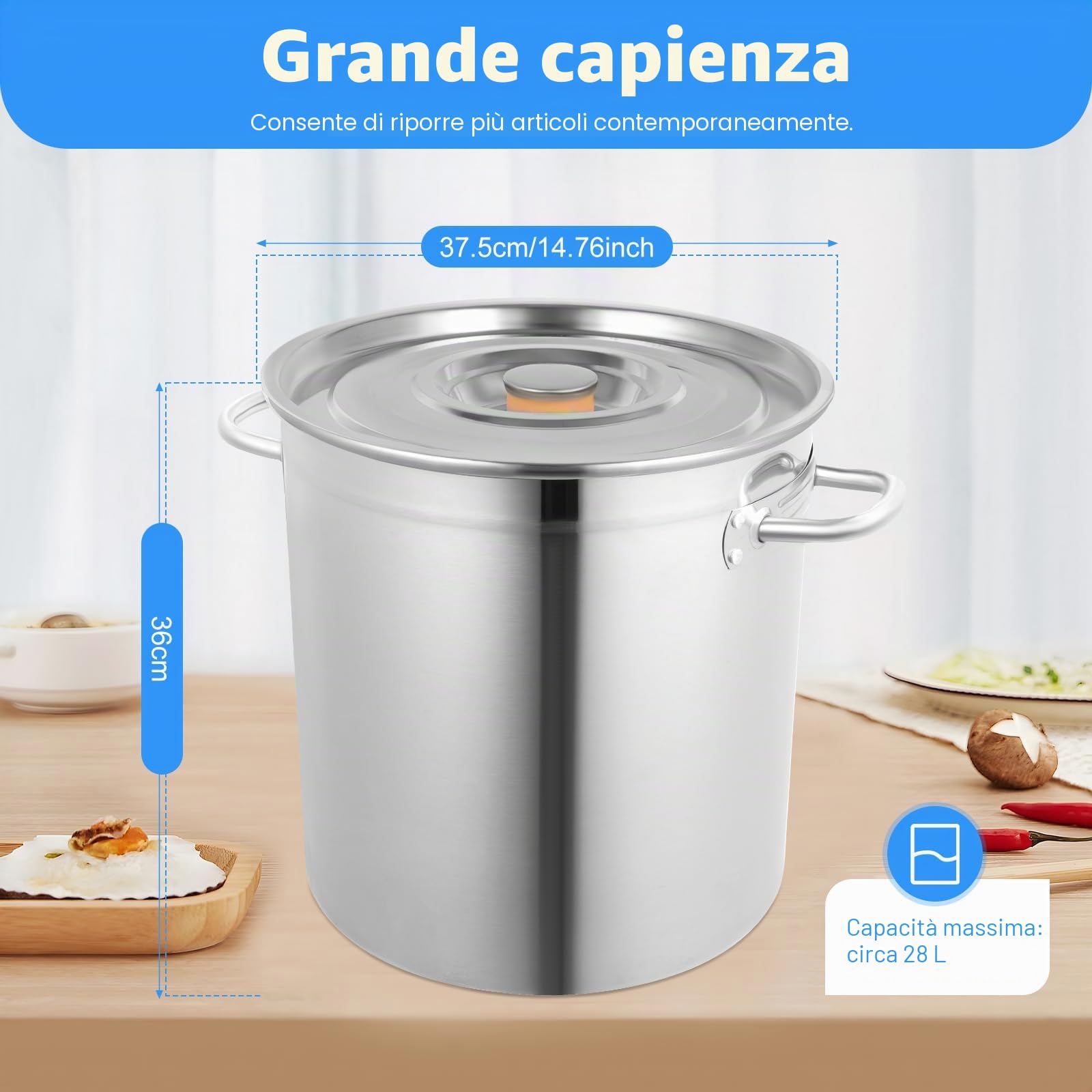 Gourmet Pentola (35 l), in acciaio inox con coperchio, pentola grande per il campeggio, pentola per la pasta, pentola ausiliaria per la cucina.