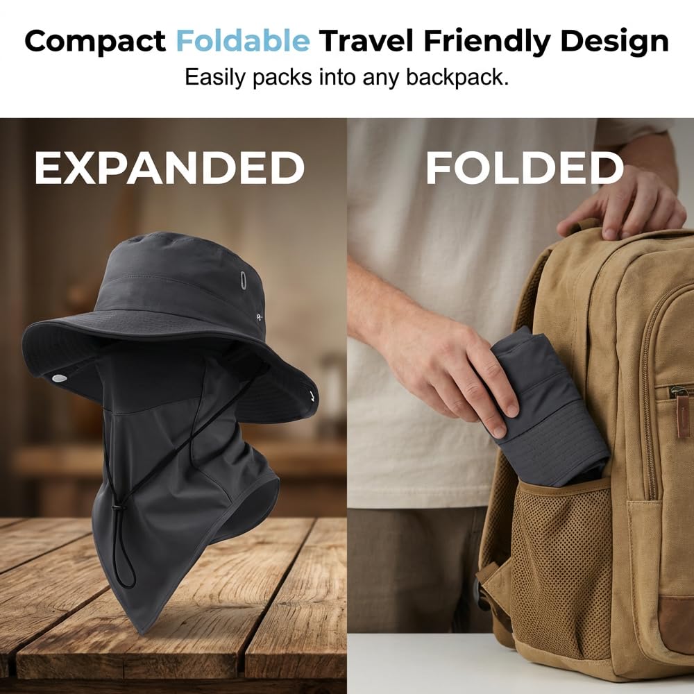 Breathable Fishing Hat with Face Cover and Neck Flap, Wide Brim Outdoor Sun Hat for Men Women