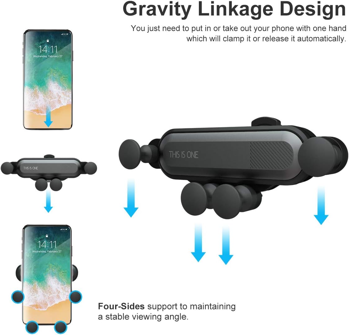 Car Mount Phone Holder, Gravity Air Vent Phone Mount Auto-Clamping Phone Holder Universal Car Phone Mount Compatible with iPhone Xs MAX/X/XR/8/7, Galaxy Note 9/S10 Plus/S9/S8/S7- Black