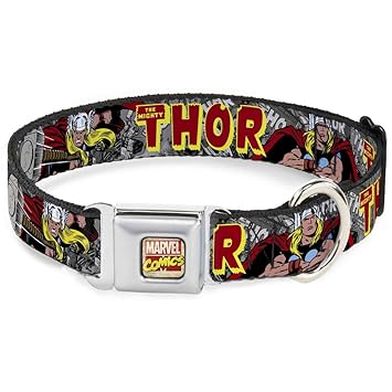 Buckle-Down Dog Collar Seatbelt Buckle The Mighty Thor Action Poses Available in Adjustable Sizes for Small Medium Large Dogs