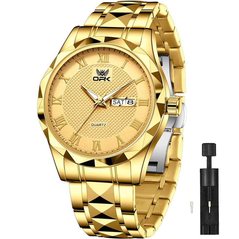 OPK Watch for Men Gold Business Large Analog Quartz Stainless Steel Day Date Waterproof Luminous Casual Wrist Watches