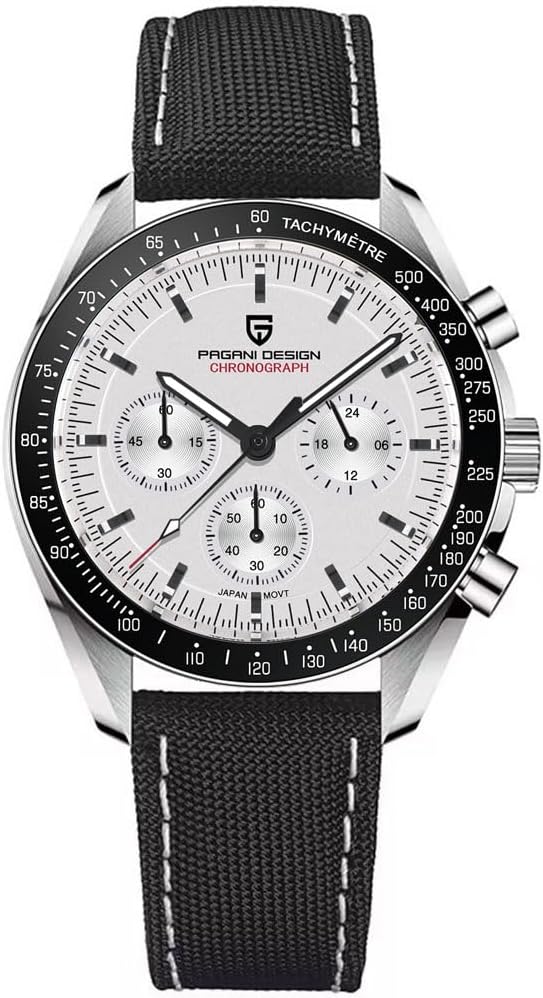 HaiQin Pagani Design 1701 Men's Chronograph Watch White Dial Japanese VK63 Quartz Movement Stainless Steel Strap 100m Waterproof Sports Wristwatch Date