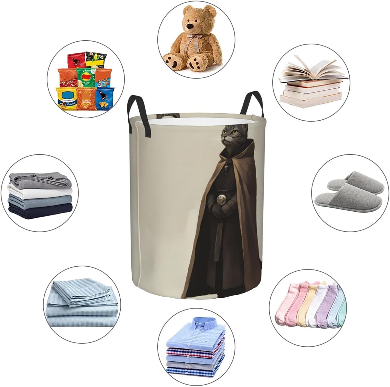 Cat Round Single-layer Laundry Basket, Portable Storage Laundry Basket, Bedroom Clothes Storage Basket with Handle