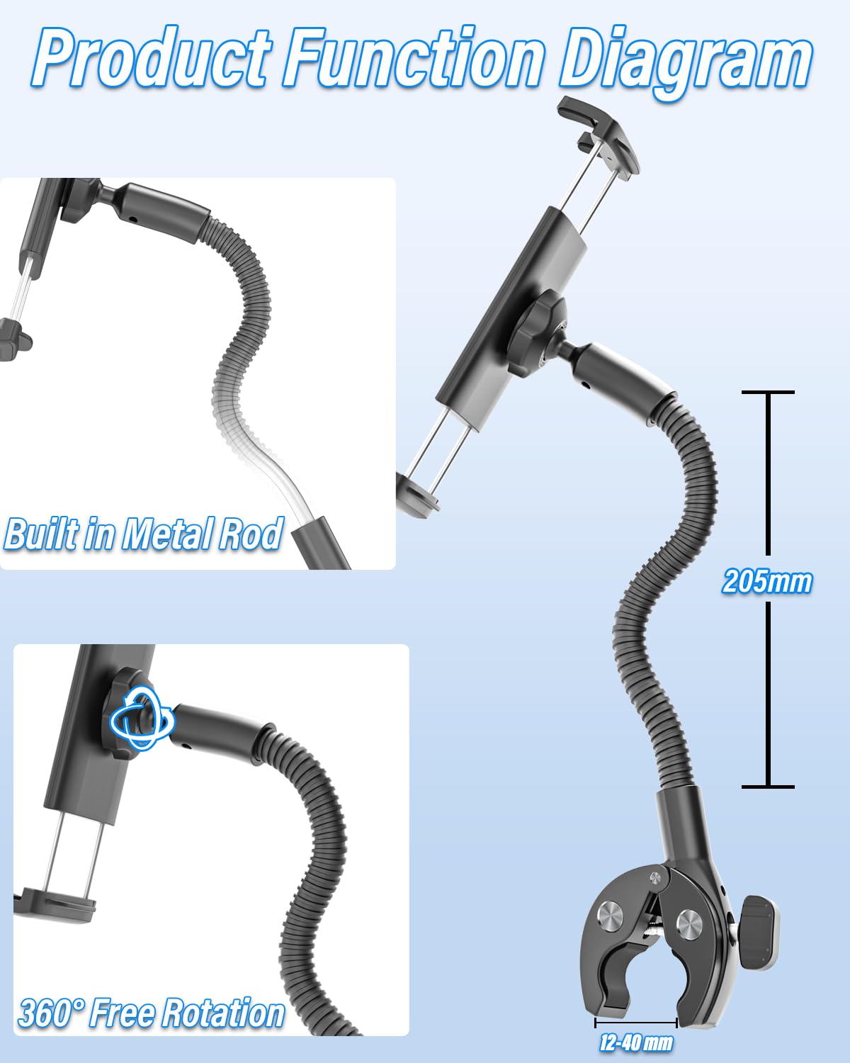 Rotation Libre à 360° Col de Cygne Support Tablette Tapis Course, Support Tapis Course Portable, pour iPad, Sumsung Tab, Sony Autre 4.7-12.9" Telephone et Tablette