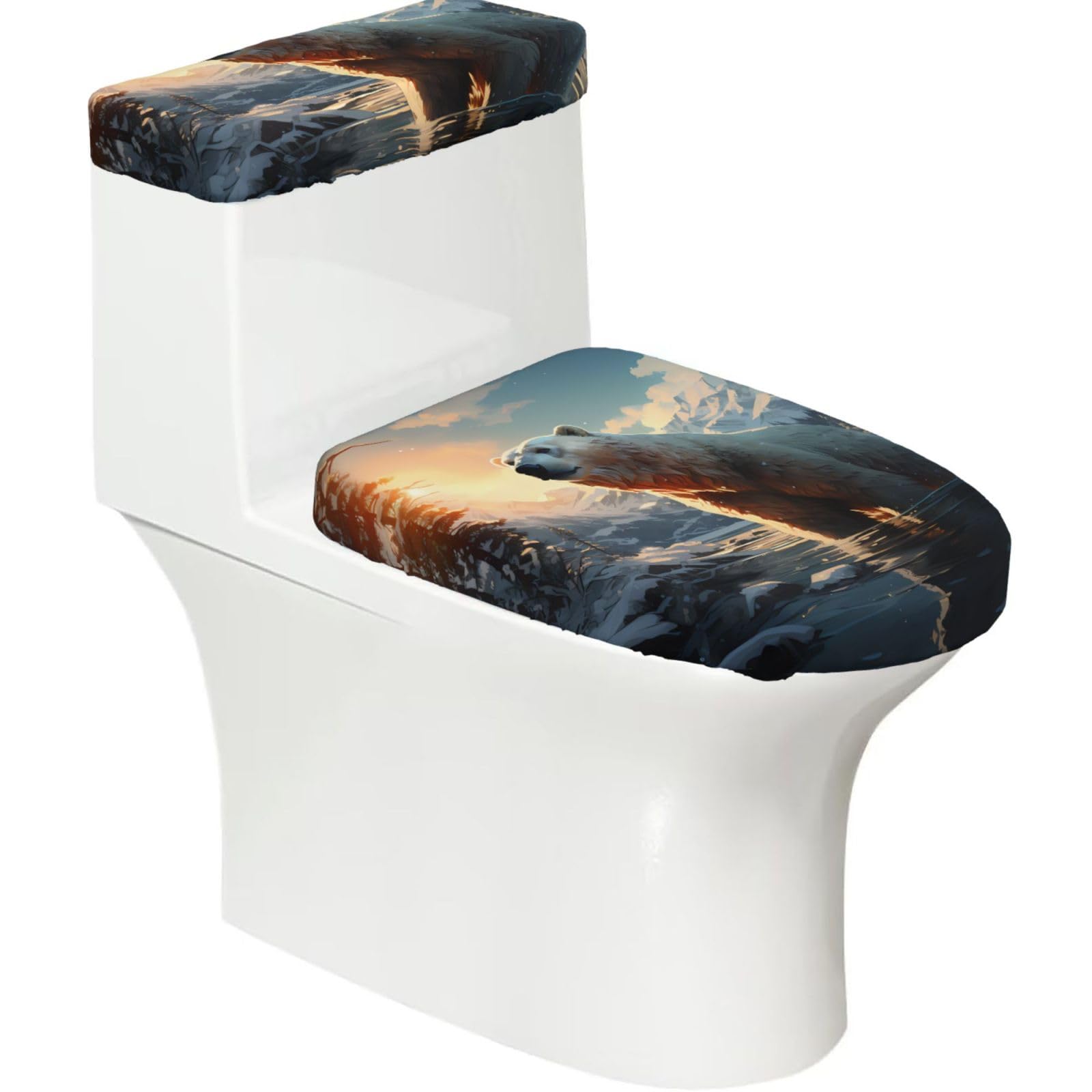 Polar Bear in Winter 2-Piece Toilet Seat Cover Set with Tank Lid - Elastic for U-Shape & Elongated - Bathroom Decor