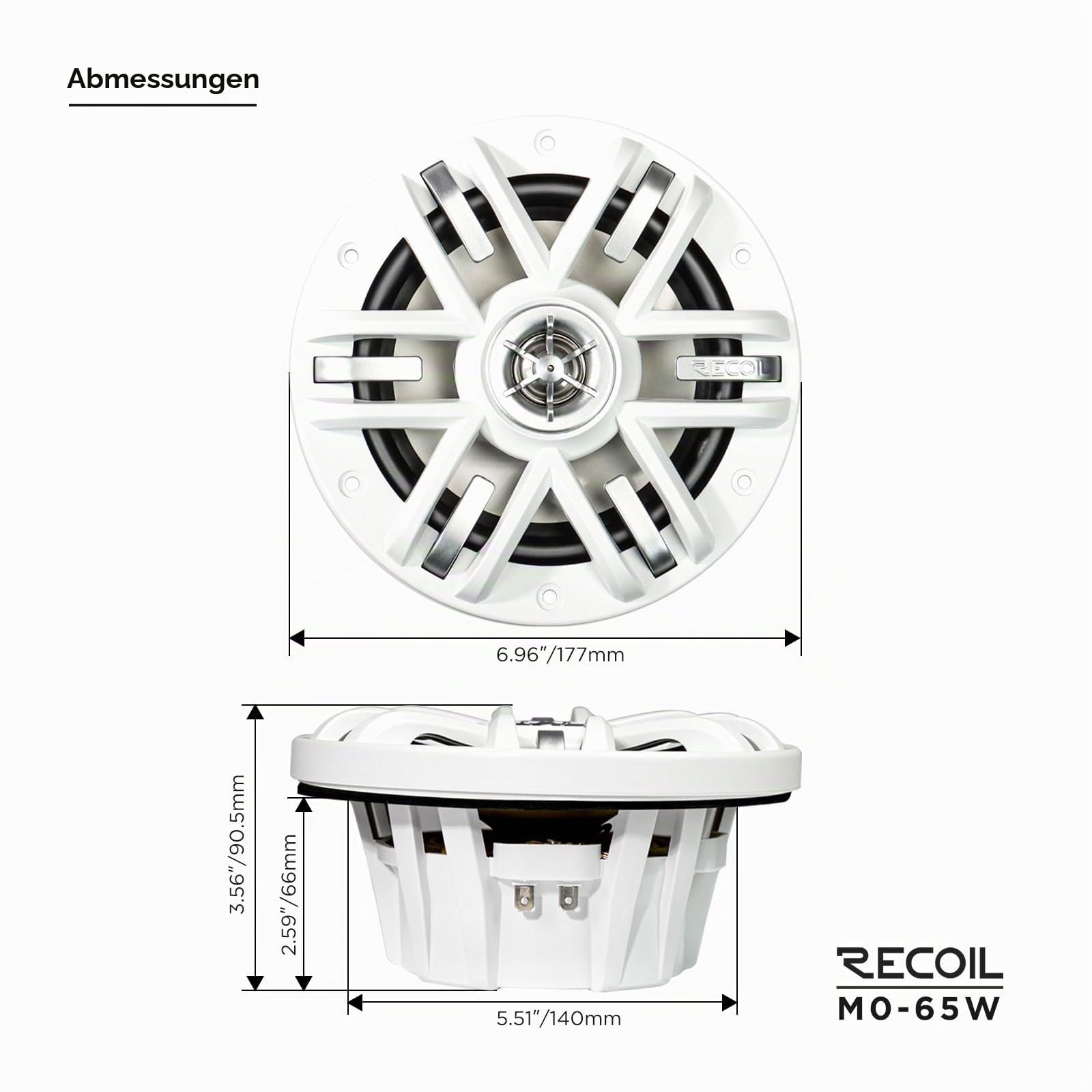RECOIL M0-65W 177mm（6,5 Zoll） 2 Wege Marine Lautsprecher Paar 240 Watt 4 Ohm mit weissen Grills Fuer Boote UTV ATV