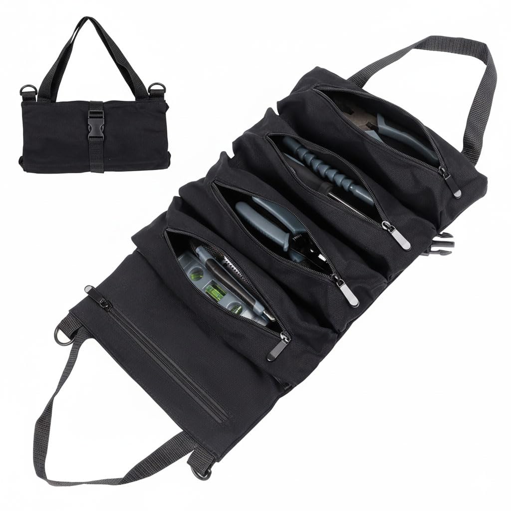 5-in-1 Tools Bag, Tool Organizer Bag, Portable Roll-Up Canvas Tool Storage with Handle, Built-In 5 Zipper Pouches, Heavy Duty Compact Tool Roll for Wrenches, 48x28cm-image-35