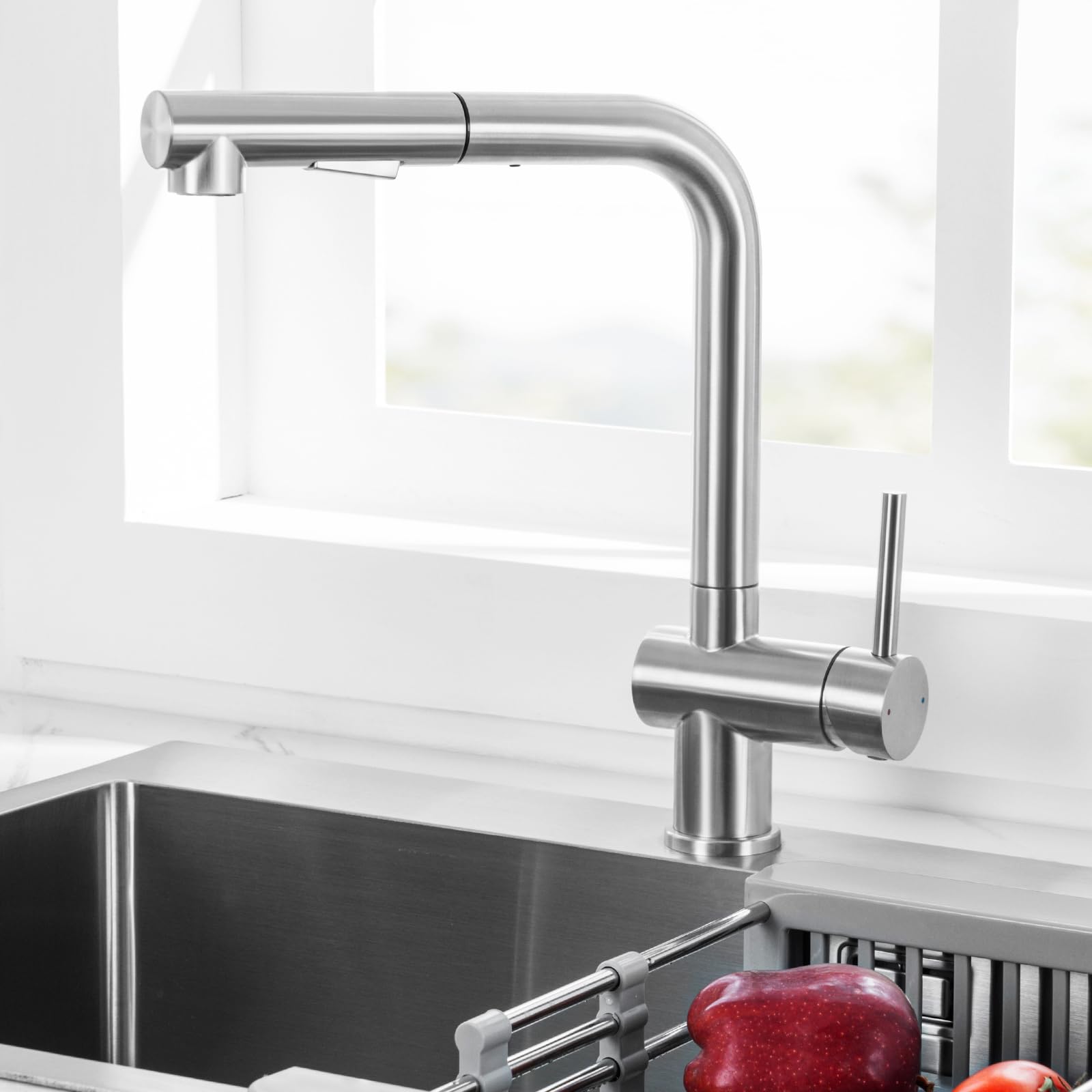 CECIPA Grifo Cocina Extraíble con Ducha, Mezclador Fregadero Giratorio 360°, Acero Inoxidable Cepillado, Compatible con Fregaderos Simples o Dobles
