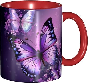 11 OZ Porcelain Coffee Mug with Handle, Beautiful Purple Butterfly Art Coffee Cup for Office and Home, Latte Drink Cup for Tea and Milk, Colorful Inside Ceramic Tea Cups for Men Women Mug Lovers