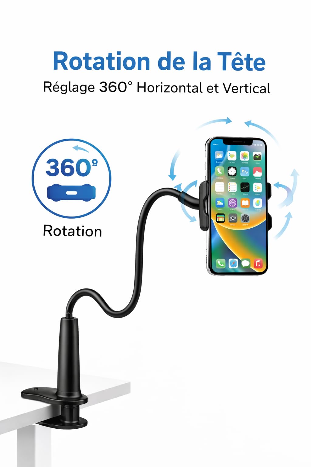 Support Téléphone pour Lit avec Bras Flexible à Col de Cygne – Support Smartphone Rotation 360° Réglable – Compatible iPhone 7 8 X XS 11 12 13 14 15 16 17 Pro Samsung Huawei Honor – 4 à 6,5 Pouces