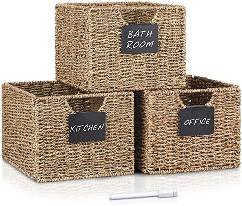 Seagrass Storage Baskets with Labels, Wicker Storage Basket, Storage Baskets for Shelves, Pantry Baskets Organization,Kitchen Storage Baskets, Bathroom Shelves Storage Basket (3-pack)