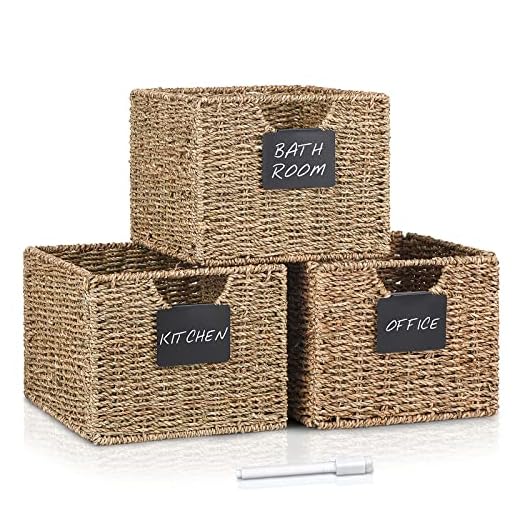 3er-Set Seegras Rechteckig Korb Aufbewahrungskorb, 26.5 x 24 x 19cm / Faltkorb Flechtkorb, Regalbox Storage Box, Natürliche Korb Geflochten, Weidenkörbe Veranstalter für Badezimmer, Wohnzimmer