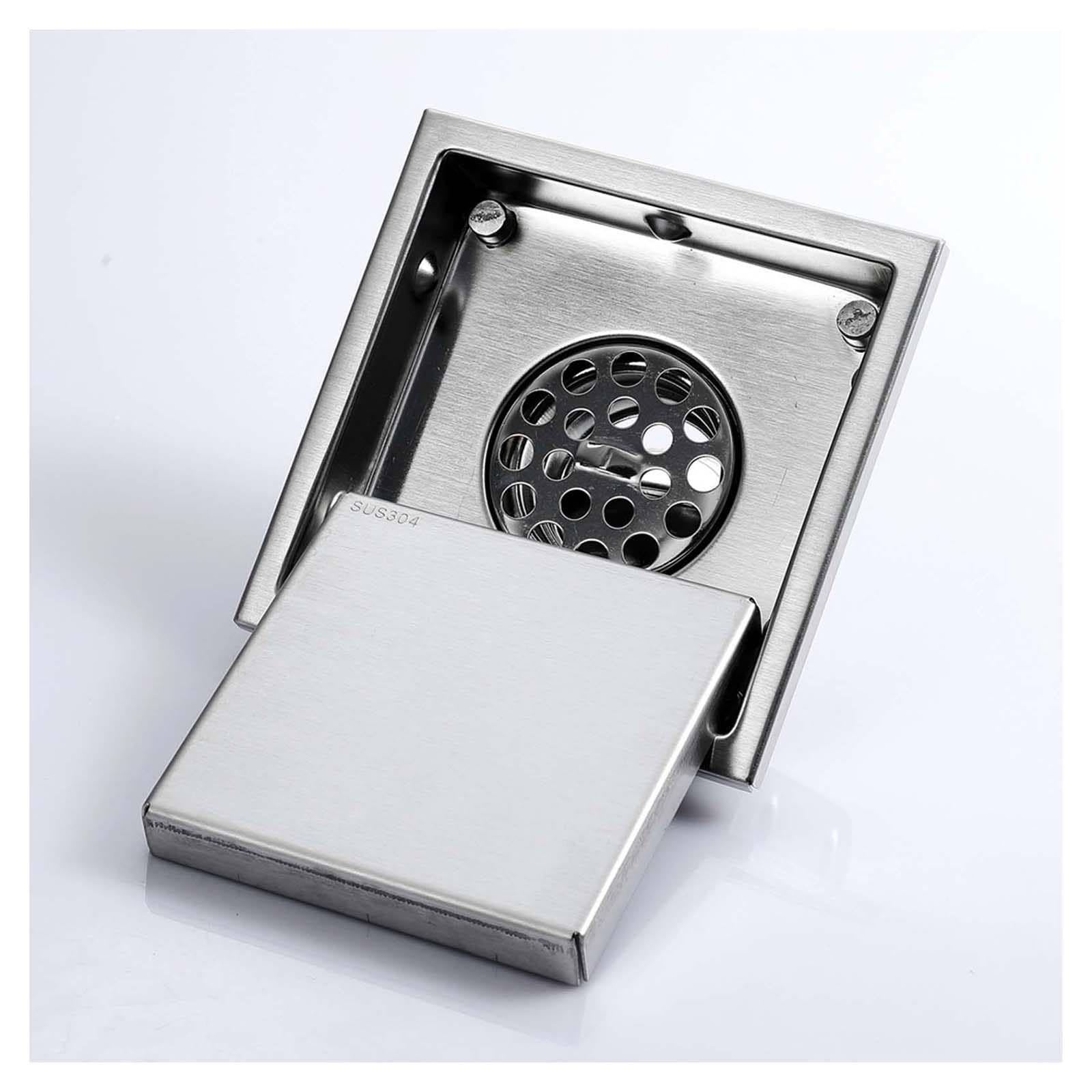 Bonde Douche Acier Inoxydable Siphon Douche Carré Bonde de Douche Caché Bonde Douche Extra Plate Couleur Brossée Siphon de Sol 150 * 150mm Convient pour Balcon, Salle de Bain, Cuisine
