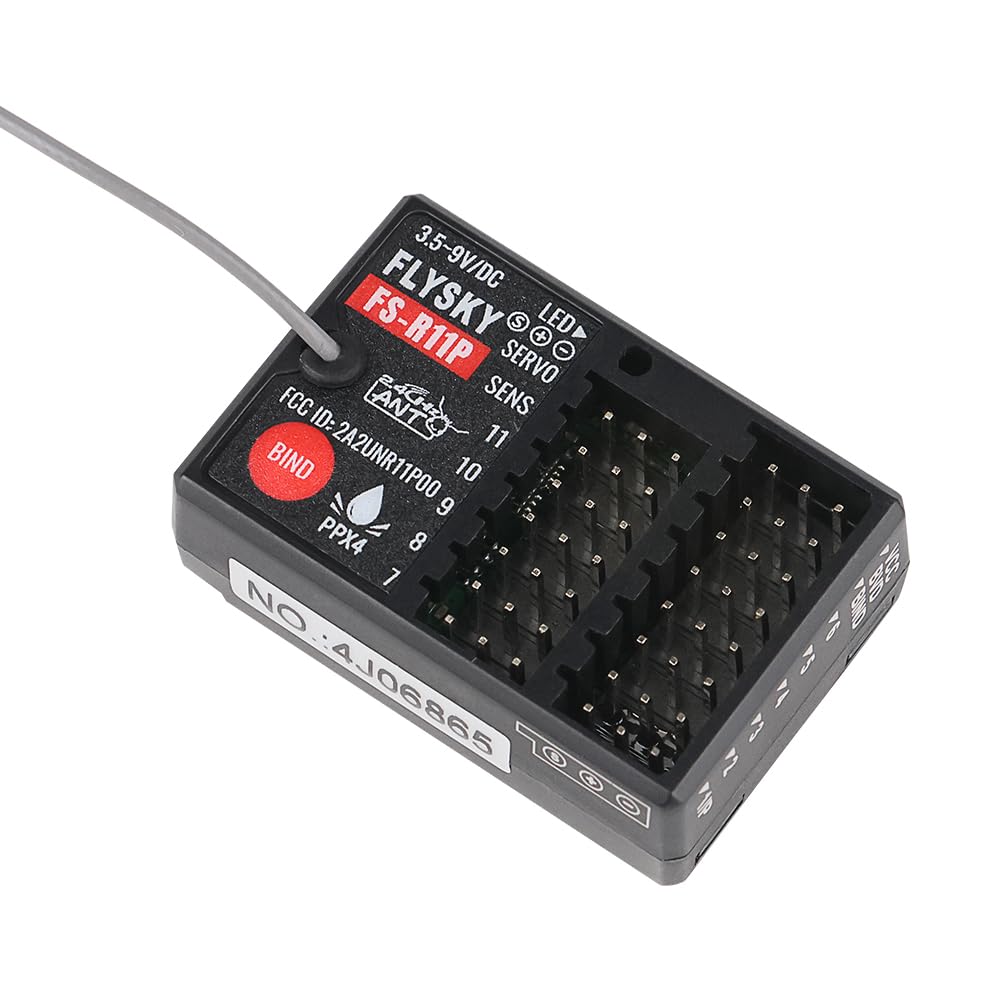 Flysky FS-R11P - Receptor RC de protocolo ANT de 11 canales, antena única externa, salida PWM/PPM/i-Bus/S.Bus, para coche RC y barco