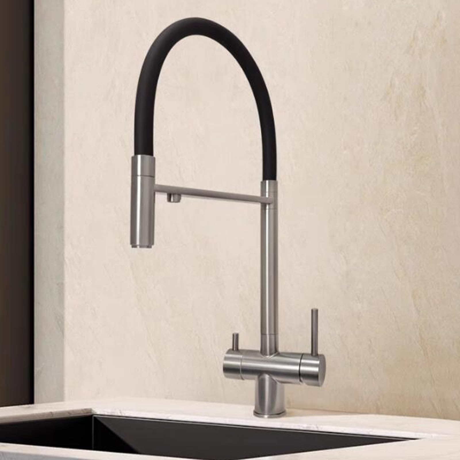 ZQFHSX Flexible Stainless Steel 3 Way Kitchen Mixer Tap with Swivel Spout and Dual Handles