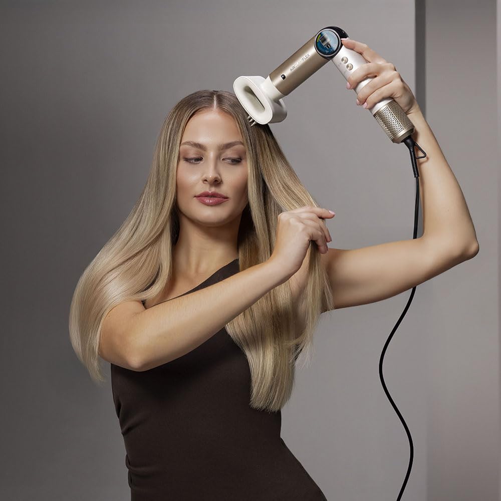 Cecotec Wielofunkcyjny styl do modelowania włosów, 14 głowic AirGlam 14 w 1, Flex szampański, 1400 W, ekran, technologia Coanda, silnik bezszczotkowy, funkcja obrotowa i powłoka ceramiczna i