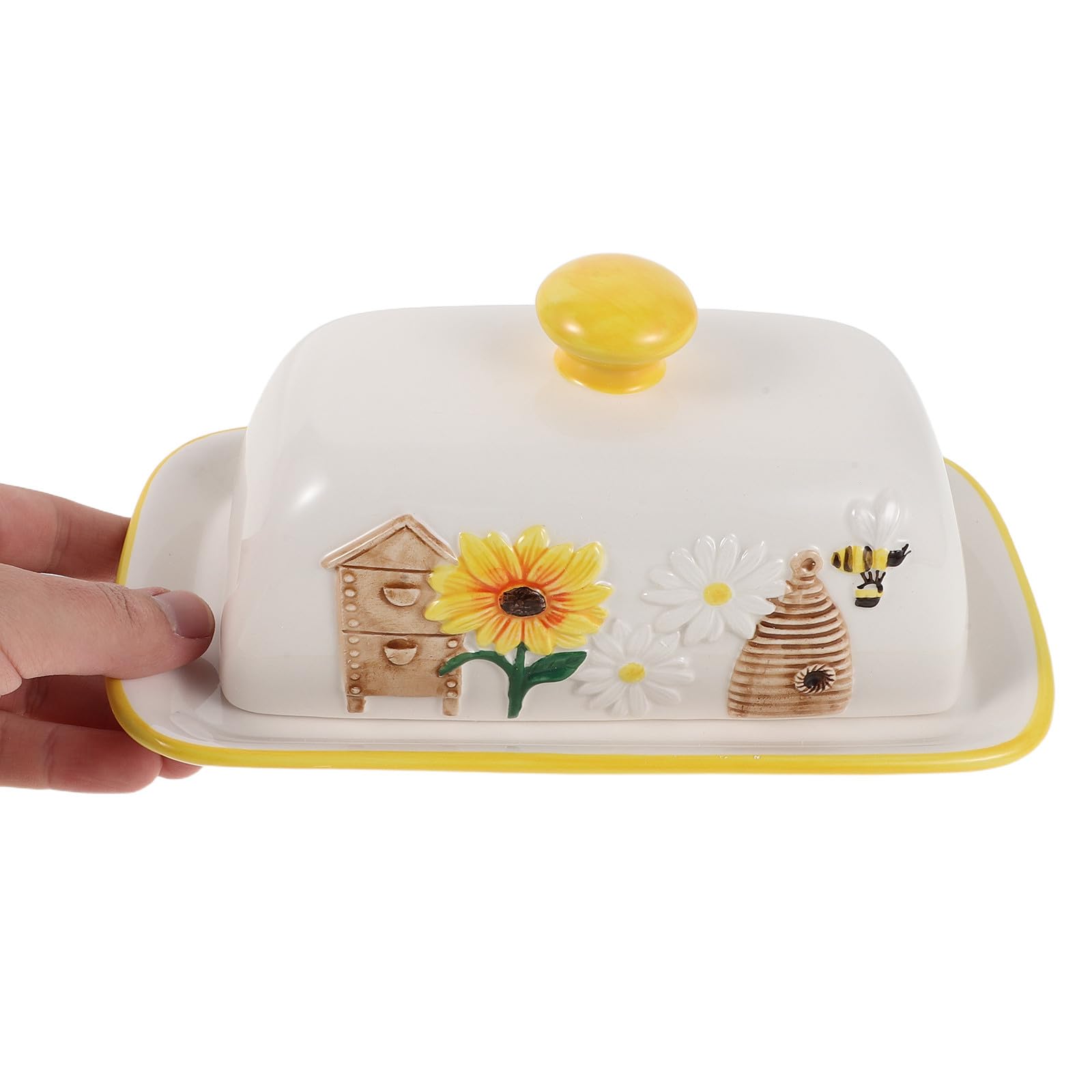 Keramik Butterdose mit Deckel Dekorative Butterschale mit Sonnenblumen und Bienenmuster Große Butterdose für Arbeitsplatte und Familienmahlzeiten