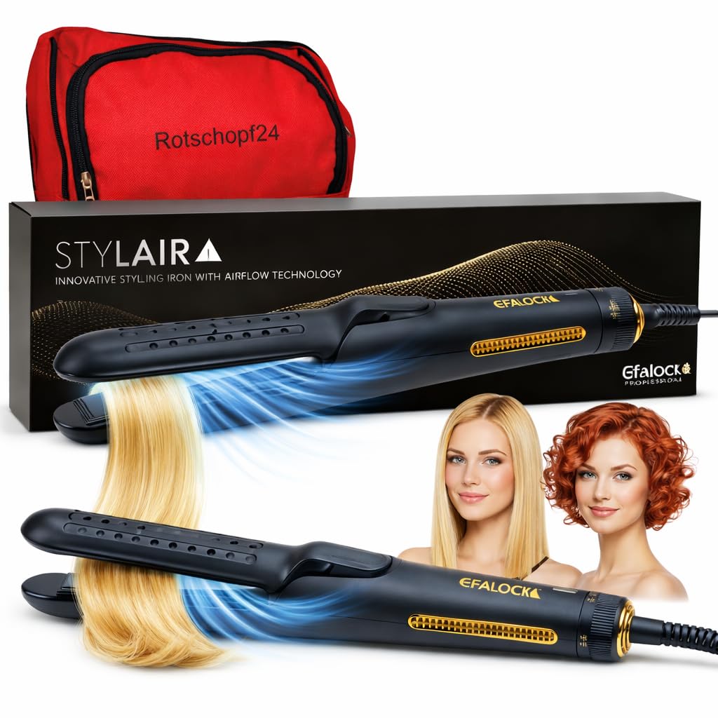 Rotschopf24 Efalock Stylair Classic Glätteisen, Locken/Wellen + Tasche | 2in1 Haarglätter für glattes Haar, Locken und Wellen. Airflow mit Hitze und Kaltluft, Keramikplatten 140–220 °C. 42W