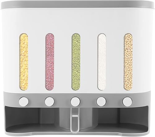 Miniatura 1 de Dispensador de arroz con taza, dispensador de alimentos secos de 5 rejillas montado en la pared, cubo de arroz, contenedor de almacenamiento de