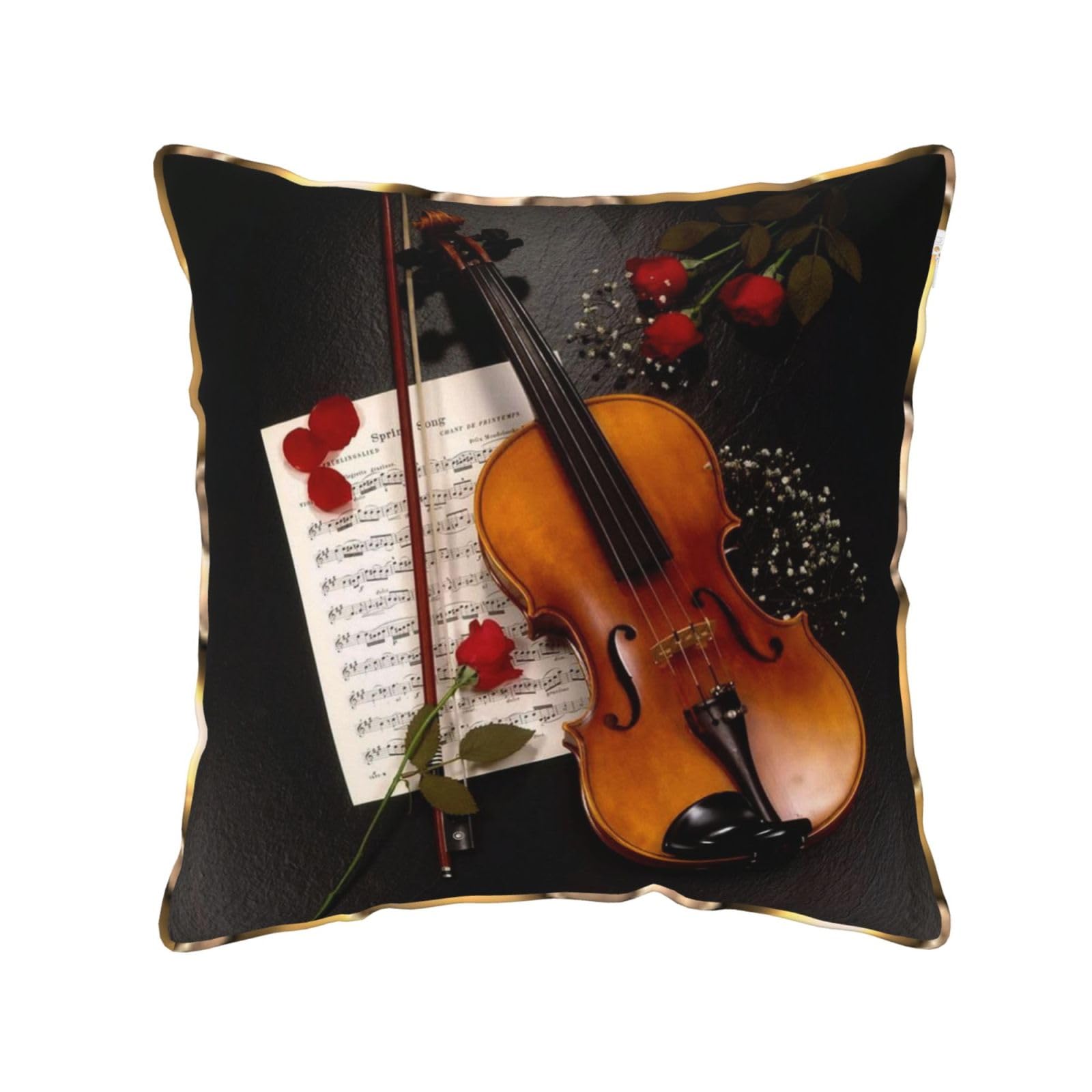 AUBKFELD Violin Sheet Music Printed Velvet Cushion Cover 50x50 CM with Gold Edging Strip, Square Pillowcase Soft Throw Pillow Covers Case Decorative for Living Room Sofa Couch Bed Bench