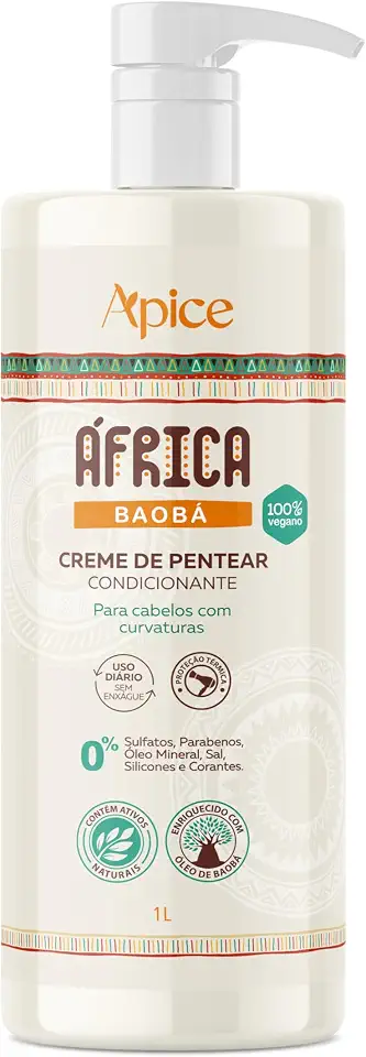 Ápice Creme de Pentear África Baobá | Hidratação, Definição e Proteção Térmica para Cabelos Cacheados, Crespos e Ondulados | 1000ml