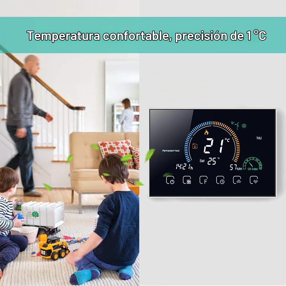Termostato WiFi para Caldera de Gas Control por aplicación de Voz/Pantalla LCD retroiluminada, termostato programable Compatible con Alexa Google Home（Negro）