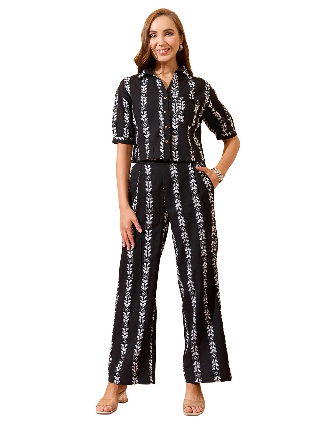 Women V-Neck Striped Embroidered Belt Peplum Top & Bell Bottom Pants Fusion Co-Ord Set-image-15