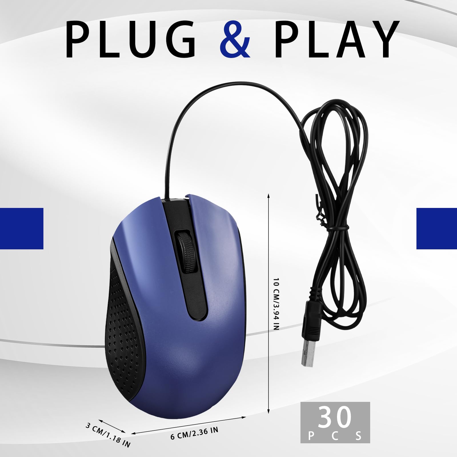 30 Pcs USB Wired Mouse Computer 3 Button Mice Bulk Corded USB Mouse for PC Desktop Laptop Computer Office School Home Classroom Supplies (Blue)