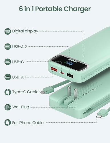 Miniatura 2 de Cargador portátil ligero de 12000 mAh con cables integrados y enchufe de pared de CA, batería de carga rápida PD20W USB-C, pantalla LED, cargador